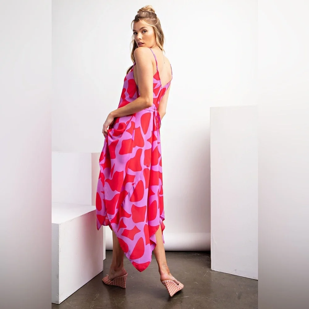 Women’s Asymmetrical Slip Dress in Pink & Red - Picture 3 of 4